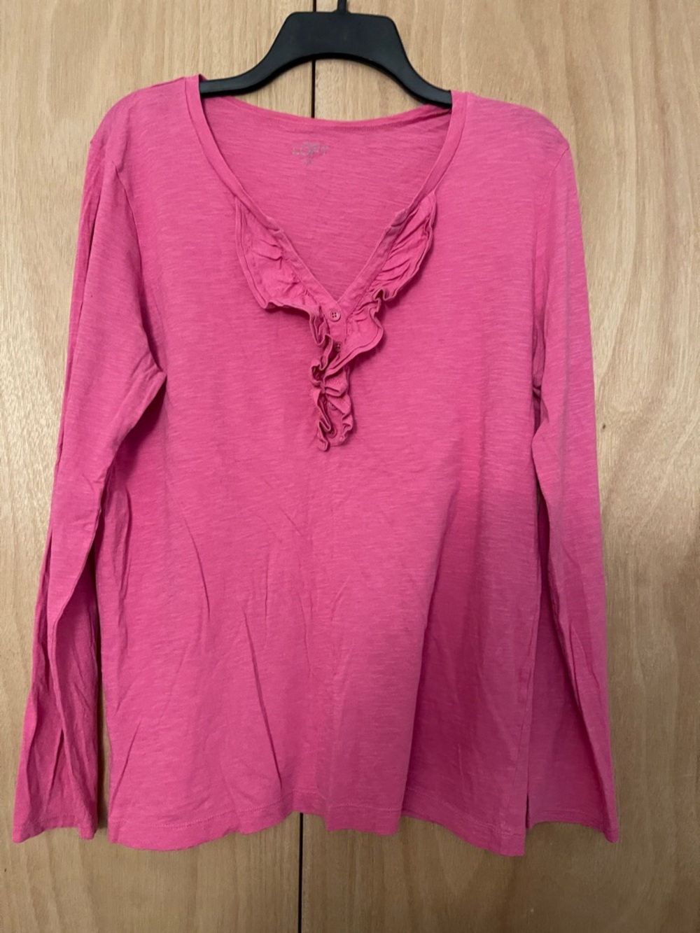 LOFT Pink Ruffled V-Neck Long Sleeve Tee